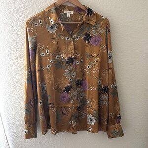 Tamara satin blouse button up size large gold color flowers